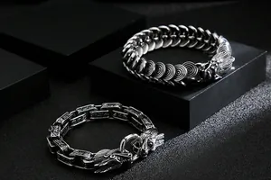 Détail du fermoir tête de dragon sur les bracelets à maillons en acier pour hommes