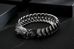Détail du bracelet tête de dragon pour homme en acier inoxydable au design d'écailles
