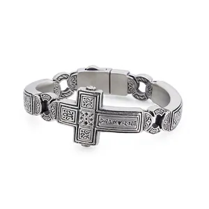 Cross Bracelet Stainless Steel Carved Flower Punk Gothic Rock Retro Biker Jewelry For Men