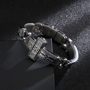 Retro punk steel bracelet for men with cross reliefs and vintage silver finish