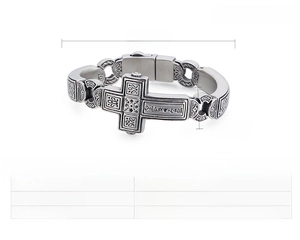Detail view of heavy punk style stainless steel bracelet with cross emblem and dimensions