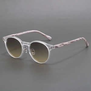 Retro round matte sunglasses with wood texture frames and brown gradient lenses