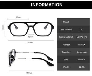 Detailed size chart for retro pilot sunglasses with double bridge and metal temples