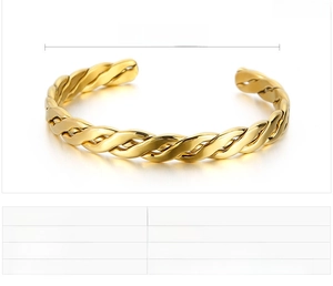 Detailed view of golden twisted stainless steel cuff bracelet with dimensions and parameters