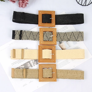 Ceinture Tressée en Paille PP pour Femmes Avec Boucle Aspect Bois Ronde Carrée Ceinture Élastique Bohème pour Robe