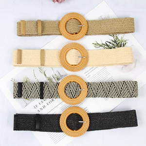 Bohemian style woven belts with round buckles in khaki, beige, and black colors