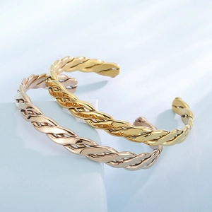 Braided texture open cuff bracelet in gold and rose gold stainless steel metal finish