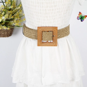 Women's straw woven waist belt with a square buckle on a white dress for summer outfits