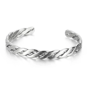 Polished stainless steel twisted cuff bracelet with minimalist woven texture for women