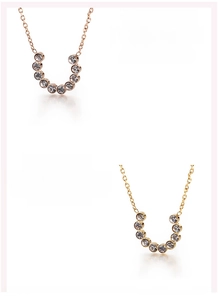 Detail of 316L stainless steel U-shaped horseshoe necklaces with sparkling cubic zirconia