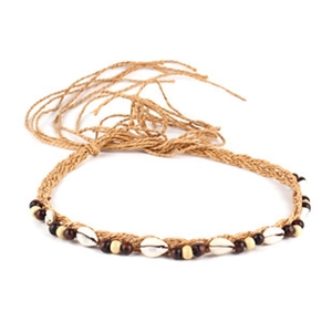 Close-up of handmade bohemian cord with natural shells, brown hemp rope, and wooden beads