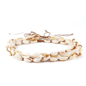 Detail of handmade bohemian shell necklace with natural white shells and woven brown cord