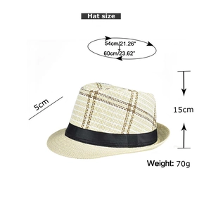 Detailed size specifications for beige fedora straw hat with 5cm brim and dimensions