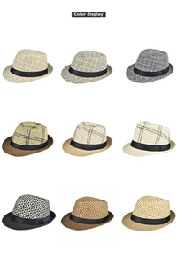 Detailed color display of nine linen fedora hats with various woven patterns and bands