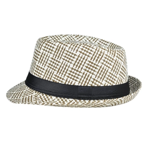 Linen fedora hat for men featuring checkered weave texture and black satin ribbon band