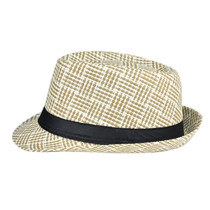 Close-up of tricolor woven straw hat featuring fine texture and a black ribbon band