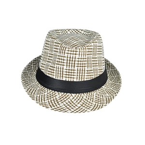 Mens linen fedora straw sun hat with two-tone weave pattern and black ribbon trim