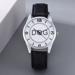 Detailed top view of a classic silver watch with white dial and black leather strap