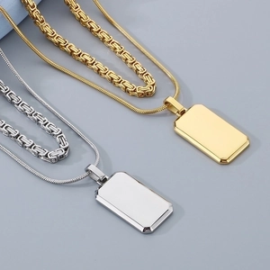 Men's double layer stainless steel necklace with 18K gold and silver brick pendants