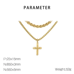 Detailed dimensions of double-layered cross pendant with gold Cuban chain necklace specs