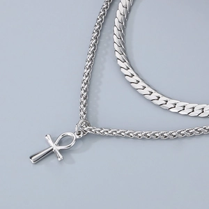 Double layer stainless steel necklace with Ankh cross pendant and foxtail chain