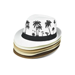 Stack of breathable linen straw fedora hats with coconut tree print for sun protection