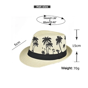 Detailed size chart for beige linen fedora hat with coconut tree pattern and black band