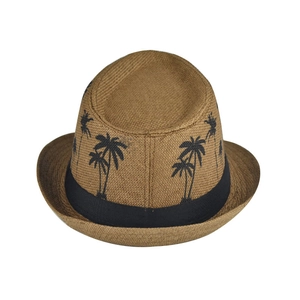 Detailed texture of brown woven straw fedora hat with black ribbon and coconut tree pattern