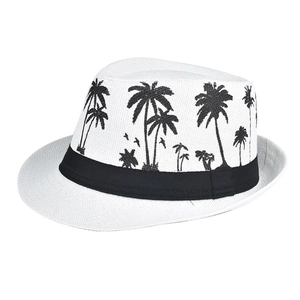 Close-up of white summer fedora hat featuring black coconut tree patterns and a ribbon band