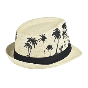 Close-up of the woven straw fedora featuring a black ribbon with palm tree embroidery