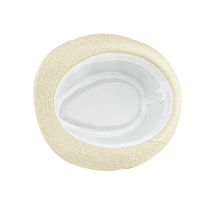 Detailed inner view of summer paper straw hat showing sweatband and size 58 label
