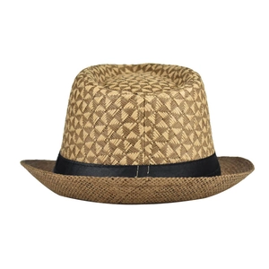 Close-up of beige and brown checkered weave on a linen fedora with black ribbon band