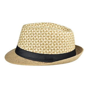 Linen fedora hat for men featuring a geometric patterned crown and black ribbon trim