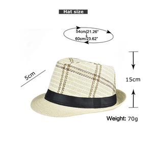 Detailed size guide for linen fedora hat with dimensions and weight measurements