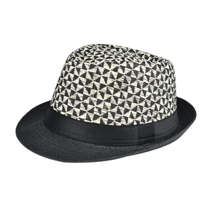 Detail of black and white geometric woven texture on a classic fedora sun hat