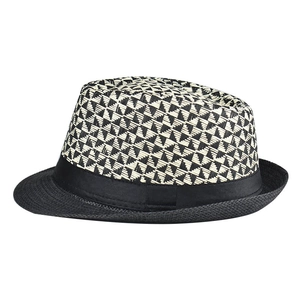 Detail of black and white geometric woven linen fedora with black satin ribbon band