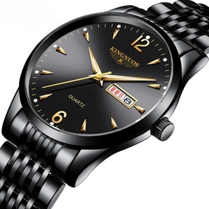 Detailed side view of black stainless steel business watch with date display and gold hands