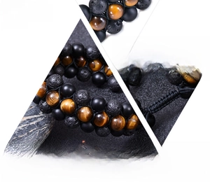 Detail view of double-layer tiger eye and lava stone bracelet with adjustable cord