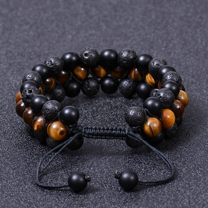 Double-layered tiger eye and black volcanic stone adjustable drawstring beaded bracelet
