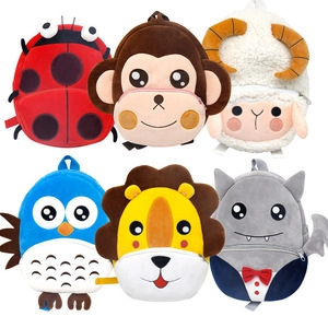 Collage of six plush animal backpacks for toddlers featuring lion, owl, and sheep designs