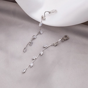 Elegant silver tassel leaf earrings with marquise zircon stones and clip-on design