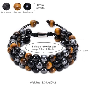 8mm Tiger Eye and Black Onyx triple layer woven beaded bracelet for men and women