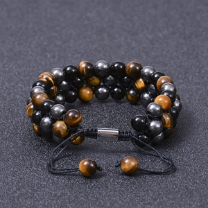 Three-layer braided bracelet with 8mm tiger eye, hematite, and black onyx beads