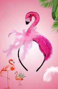 Detailed view of pink flamingo headband with fluffy feathers for party costumes