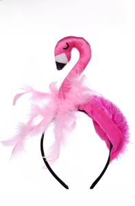 Detail of pink flamingo headband with soft feathers and plush texture for party wear