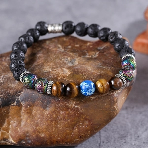 Men Beaded Bracelet Natural Lava Rock Tiger Eye Imperial Jasper Alloy Spacer Beads Energy Stone Jewelry