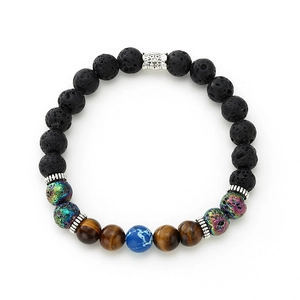 Lava rock and tiger eye beaded bracelet with silver spacers on a white background
