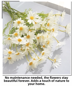Close-up of white silk daisy bouquet with yellow centers for home flower decoration