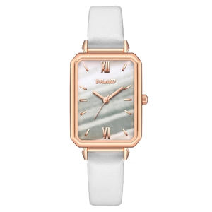 Elegant women's rectangular quartz watch with rose gold case and white leather strap