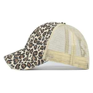 Leopard print baseball cap with beige mesh back shown from a 45-degree side view